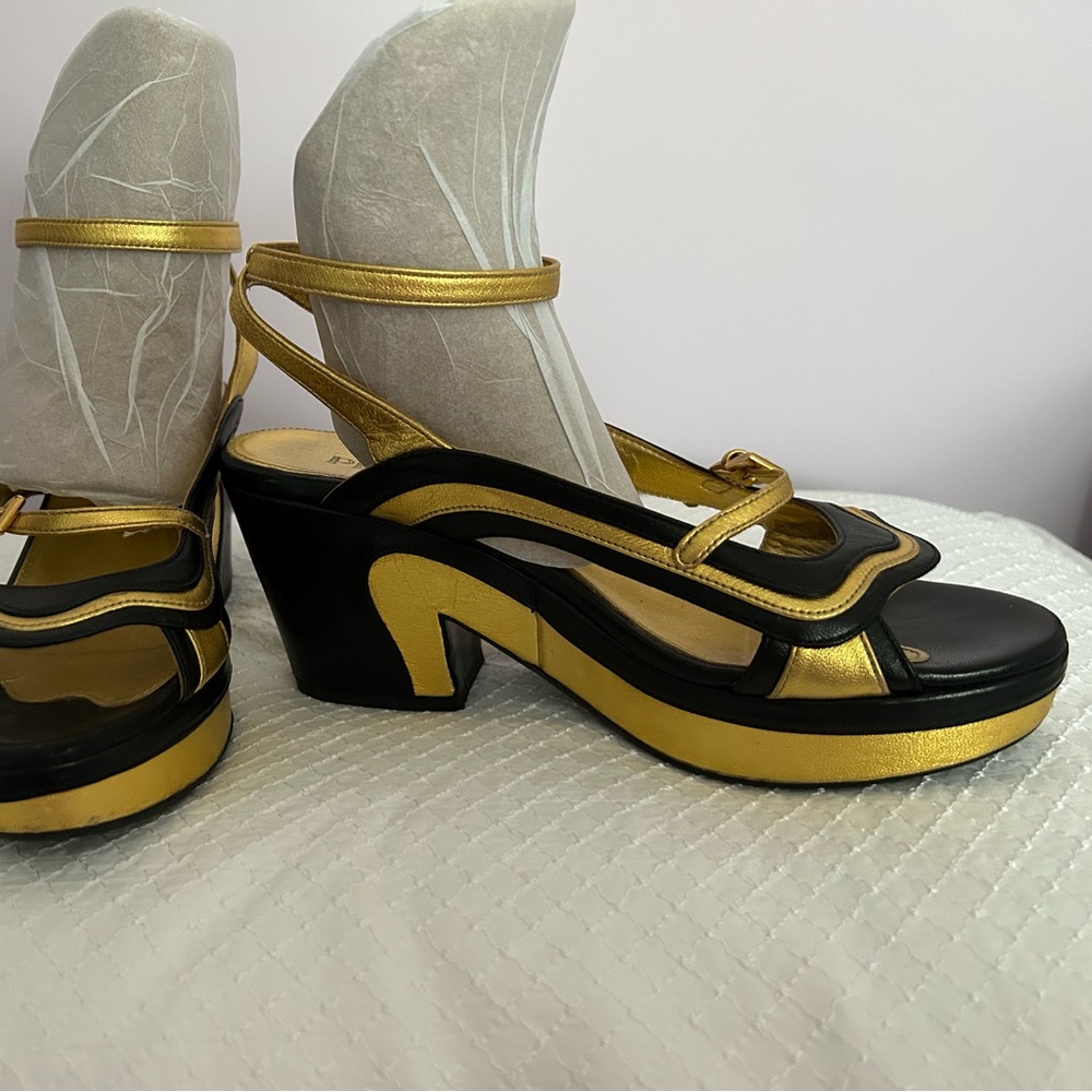 Prada Black and Gold Platform Sandals